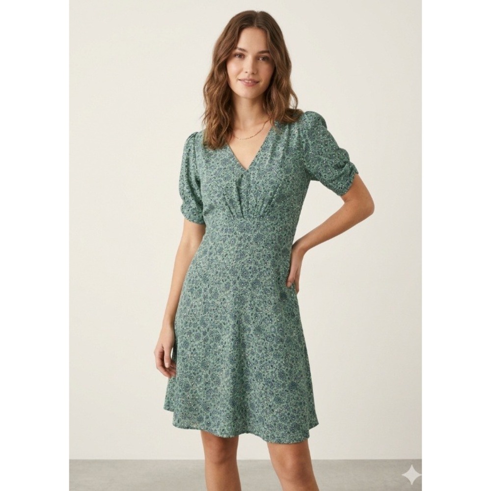 LOFT Petites Green Floral Paisley V-Neck Puff Sleeve Mini Dress 6P
